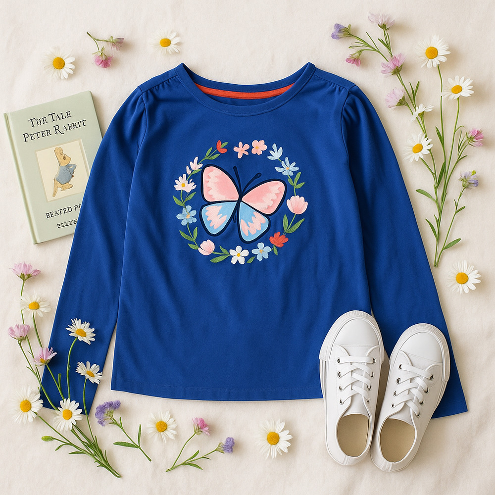 Hanna Andersson Girls Blue Butterfly Appliqué Long Sleeve Tee – Size 12 | 150 cm